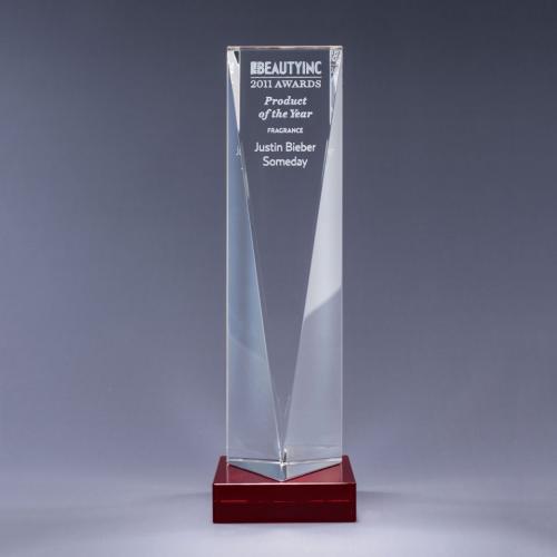 Corporate Awards - Crystal Awards - Obelisk Tower Awards - Optical Crystal Triangle Tower Award on Red Base