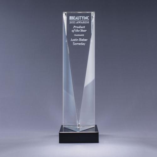 Corporate Awards - Crystal Awards - Colored Crystal - Optical Crystal Triangle Tower Award on Black Base