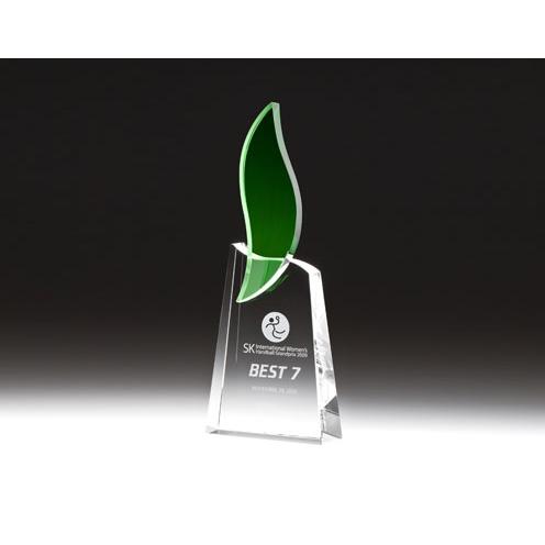 Corporate Awards - Crystal Awards - Flame Awards - Optical Crystal Green Flame Award on Clear Base