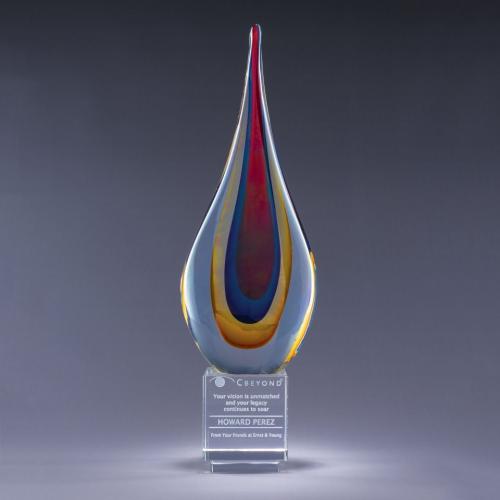 Corporate Awards - Crystal Awards - Flame Awards - Multi Color Torchier Art Glass Flame Award with Etched Crystal Award Base