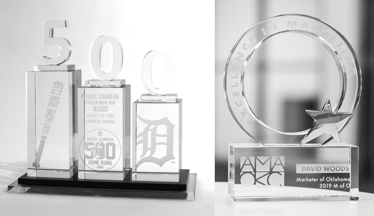 Comparing an underexposed to overexposed photo of a crystal award